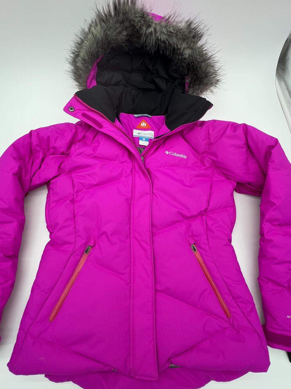 Columbia Omni-Heat Jacket Lay D Down Womens Medium Pink Down Puffer Ski 550 Fur